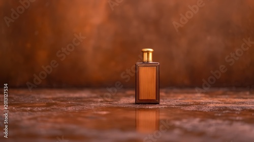 A sleek amber glass perfume bottle with a gold cap stands on a reflective surface against a warm, textured brown background.