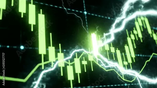 Dynamic Stock Market Candlestick Chart with Green and White Lines on Black Background.