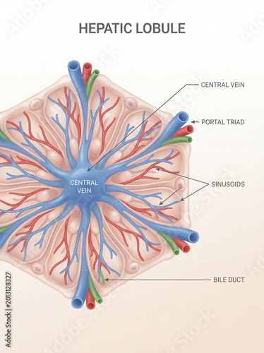 A detailed illustration of a hepatic lobule with labeled hepatic structures