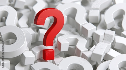 Red question mark standing among white question marks on white surface