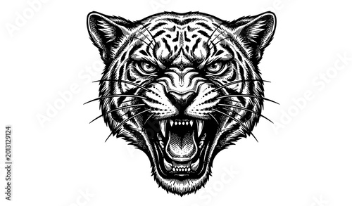 Tableau sur toile Classic cat roar engraving vector with fierce feline face and detailed line art
