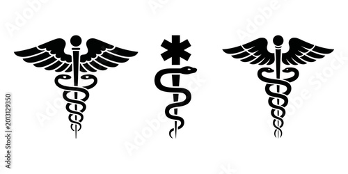 Medical symbols, caduceus icons, healthcare signs, vector graphics