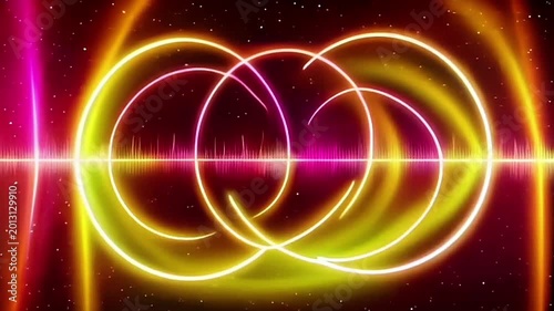 Abstract Neon Rainbow Waveform and Glowing Circular Motion Graphic Background
