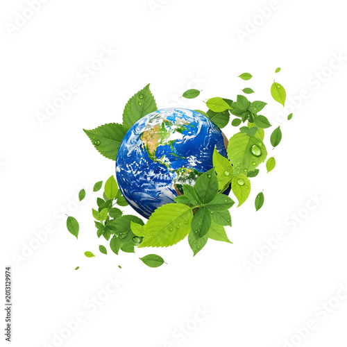 Earth surrounded by green leaves isolated on transparent background
