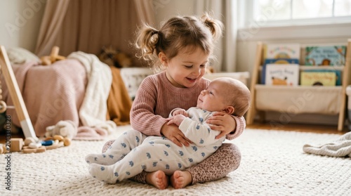Young girl holding baby sibling in nursery room