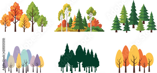 Fotografie Flat vector collection of various forest tree groups including autumn foliage evergreen pines and colorful stylized woods for nature environment and seasonal landscape design