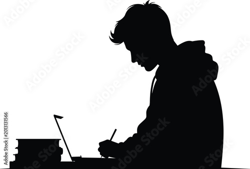 Silhouette person sitting at desk writing notes with laptop and books symbolizing study, concentration, education and productivity