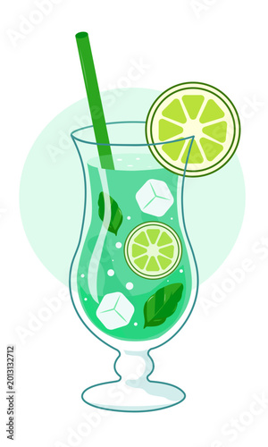 Fresh Lime Mojito Cocktail with Ice and Mint in Flat Vector Style