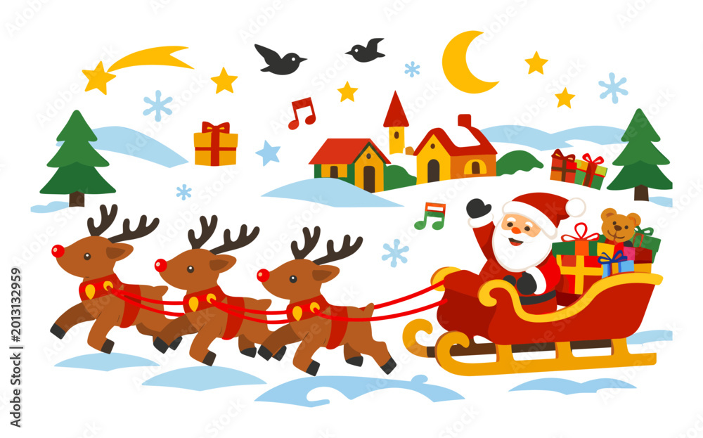 Fototapeta premium Santa Claus waving from a sleigh pulled by jumping reindeer, delivering presents over a snowy village at night under the moon and stars