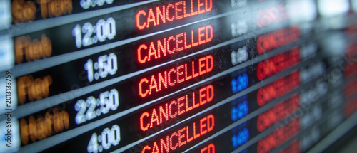 Multiple cancelled flights on flight information display board at airport, macro close up