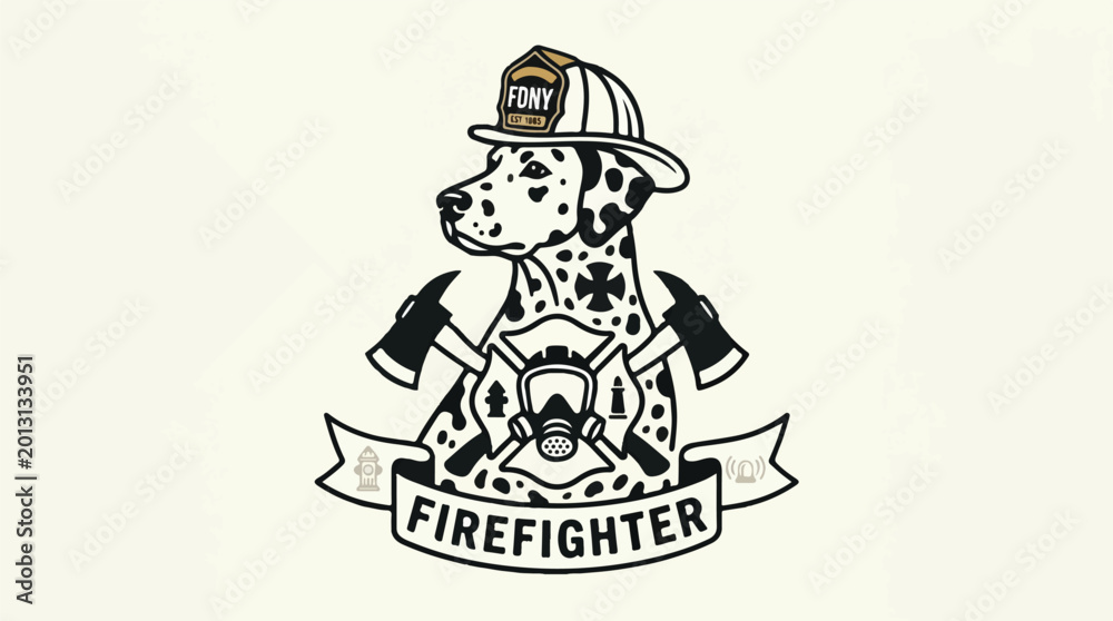 Fototapeta premium Illustration of a dalmatian dog wearing a firefighter helmet with crossed axes and a Firefighter banner on a beige background