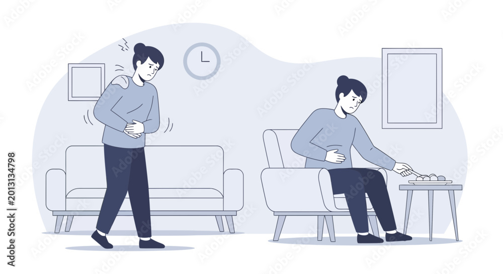 Fototapeta premium Woman Experiencing Stomach Pain: Illustrative Depiction of Discomfort And Dietary Choices