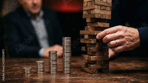 Hand building wooden block tower next to stacked coins on table wooden blocks