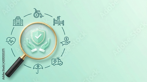 Magnifying glass over a health insurance concept with icon graphics. A shield inside hands is the center focus, symbolizing protection. This conceptual image represents security and care