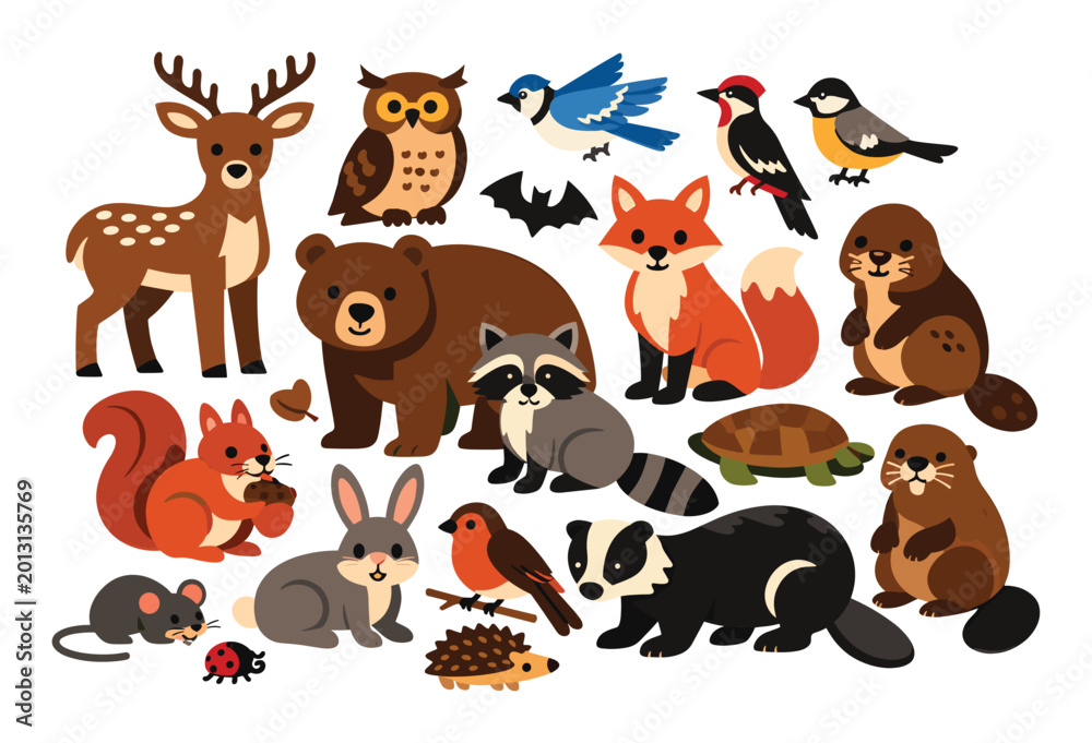 Obraz premium Assortment of adorable woodland creatures, such as deer, bear, fox, raccoon, bunny, owl, squirrel, and a variety of bird drawings