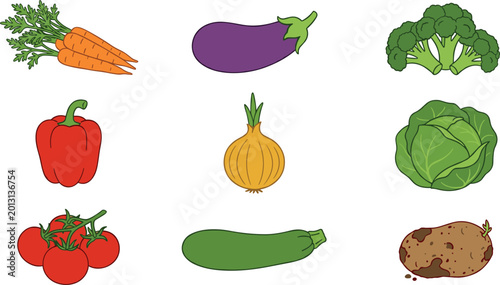 Vegetable Colorful Outline Icon Set with Carrot Eggplant Broccoli Pepper Onion Cabbage Tomato Zucchini and Potato Vectors