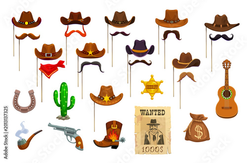 Quadro su tela Western cowboy photo booth festive carnival masks and vector props with cowboy hats