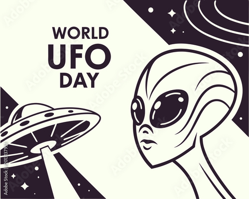 Photos World UFO Day illustration with alien and spaceship in space
