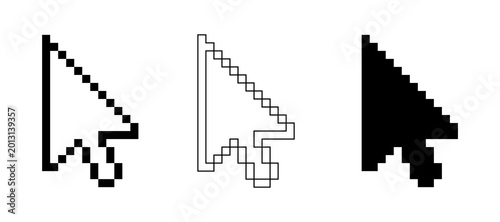 Cursor icons, computer mouse pointers, pixel art style, black and white