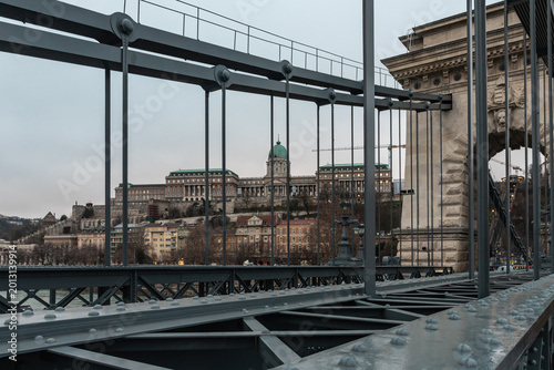 View from famous Szechenyi Chain Bridge of Budapest History Museum Castle Museum in the Budapest in Hungary