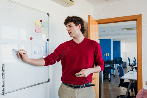 young latin Businessman writing on whiteboard in office in Latin America, Hispanic business people at workplace