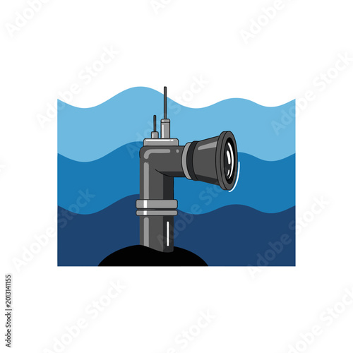 Quadro su tela Vector illustration of a submarine periscope emerging from wavy blue water