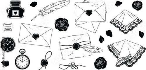 Foto Vintage Stationery Icon Set Featuring Seals, Envelopes, Feather Quills, Roses, a