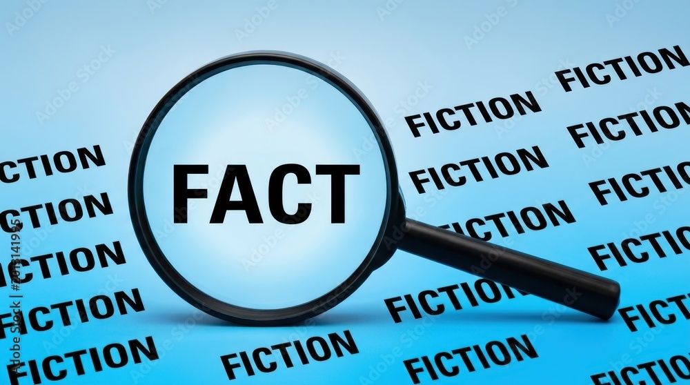 Fototapeta premium Magnifying glass highlighting the word Fact amidst repeating Fiction words on a blue background