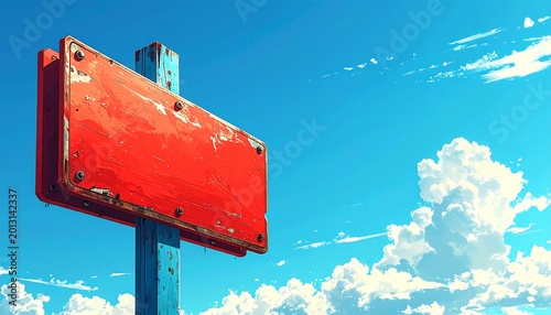 Old red sign against a bright sky