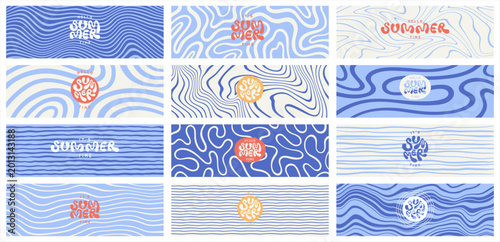Water waves sea ripples marine summer 1:3 rectangle backgrounds set. Uneven deformed hand drawn blue wavy organic doodle winding lines stripes patterns banners. Hello it's summer time hand lettering