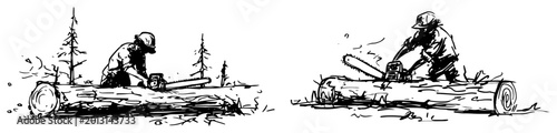 Valokuva Lumberjack cutting large wood logs with chainsaw in rough doodle sketch style