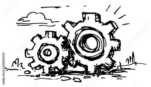 Obraz na plátně Mechanical gear wheels rotating together in hand drawn ink sketch style