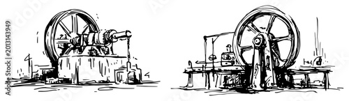 Foto Industrial steam engine machinery with flywheels and pulley system in technical