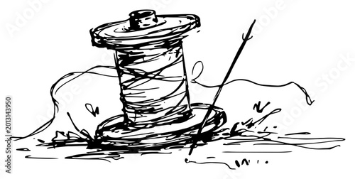 Foto Large thread spool and sewing needle with messy strings in expressive hand drawn