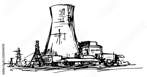 Fotografie Nuclear power plant cooling tower with electricity pylons in rough hand drawn sk