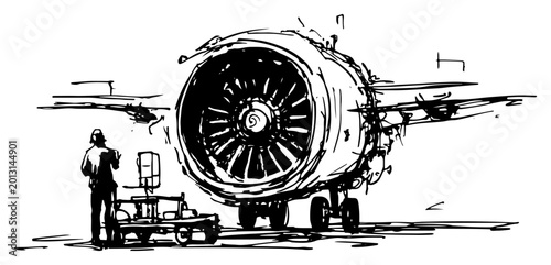 Foto Aircraft jet engine with technician inspecting turbine on runway in sketchy hand