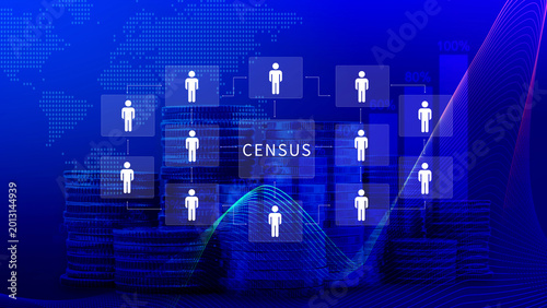Census Digital data virtual with Network. official count or survey of population, census concept, international markets, currency exchange, financial trends, economic analysis, not ai