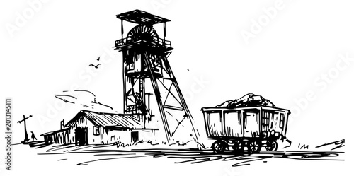 Foto Coal mine headframe and mining wagon in hand drawn sketch style