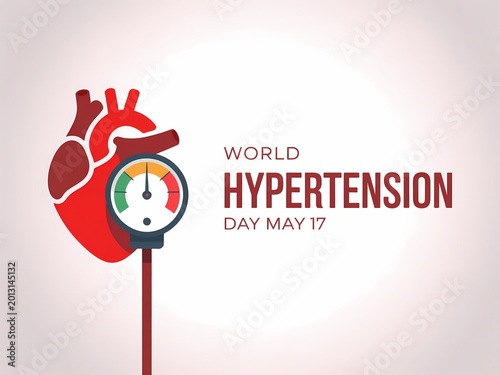 World hypertension day illustration with human heart and blood pressure gauge