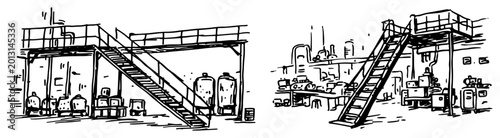 Foto Industrial factory interior featuring metal staircase and catwalk with machinery