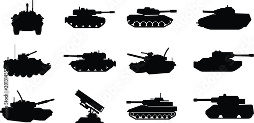 Foto Military armored vehicle tank silhouette set collection and group in black flat