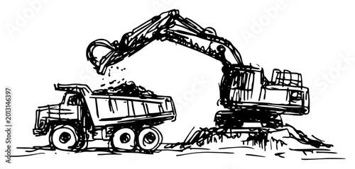 Excavator loading dirt into dump truck at construction site ink sketch style