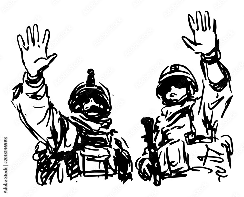 Fototapeta premium Two soldiers waving hands in greeting or farewell ink sketch style