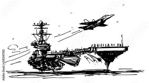 Foto Fighter jet taking off from aircraft carrier deck in sketchy hand drawn style