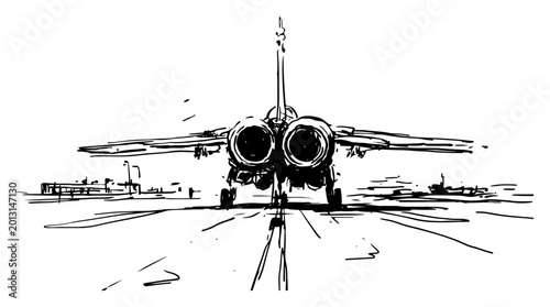 Schilderij op canvas Military jet aircraft rear view with dual engines on runway in sketchy hand draw