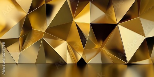 Abstract golden geometric background with sharp facets and reflections.