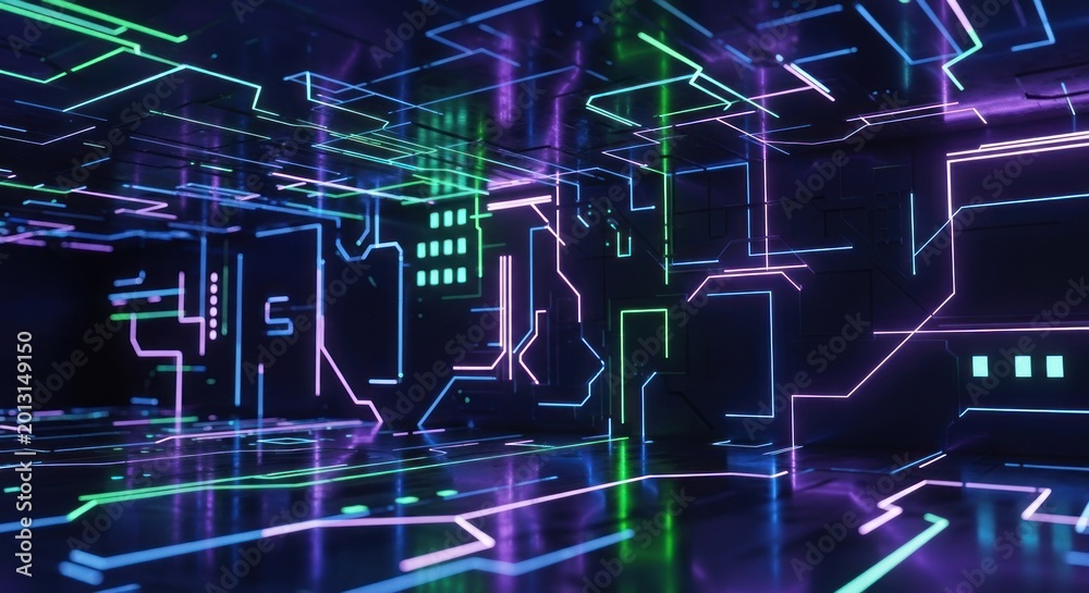 Fototapeta premium Intricate network of neon light lines illuminates a dark technological environment