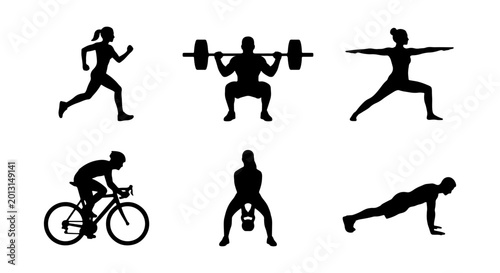 Konstfotografi Fitness Silhouette Icons: Running, Weightlifting, Yoga, Cycling, Kettlebell, Pla