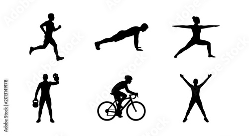 Konstfotografi Fitness Silhouettes Collection: Running, Yoga, Cycling, Weightlifting, Exercise