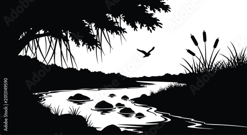Serene River Silhouette with Bird in Flight, Reeds, and Overhanging Tree Branch